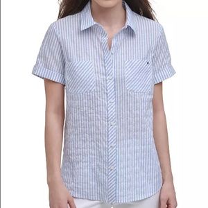 New Tommy Hilfiger Stripe Crinkle Short Sleeve Top